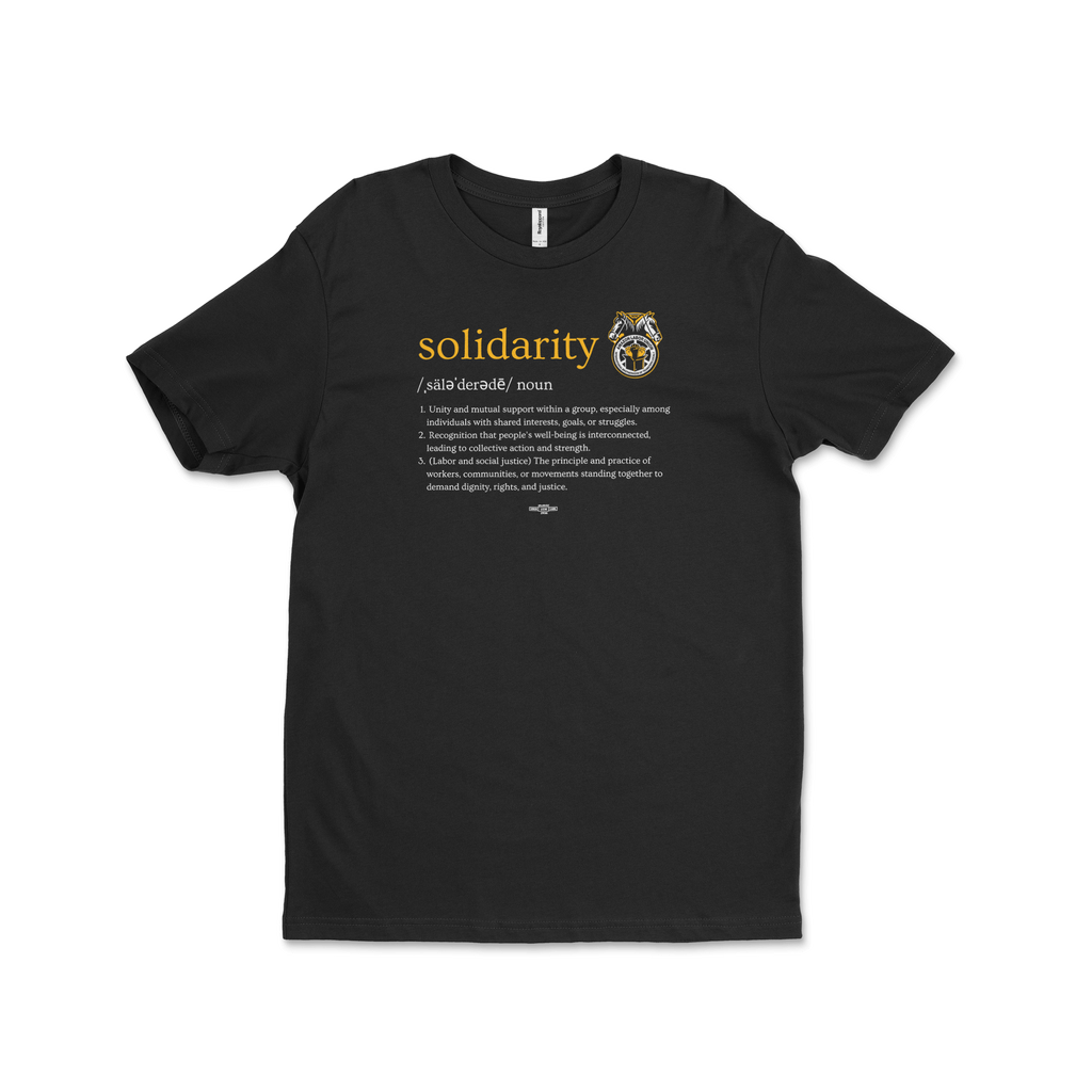 Black t-shirt with 'solidarity' definition and logo on a white background