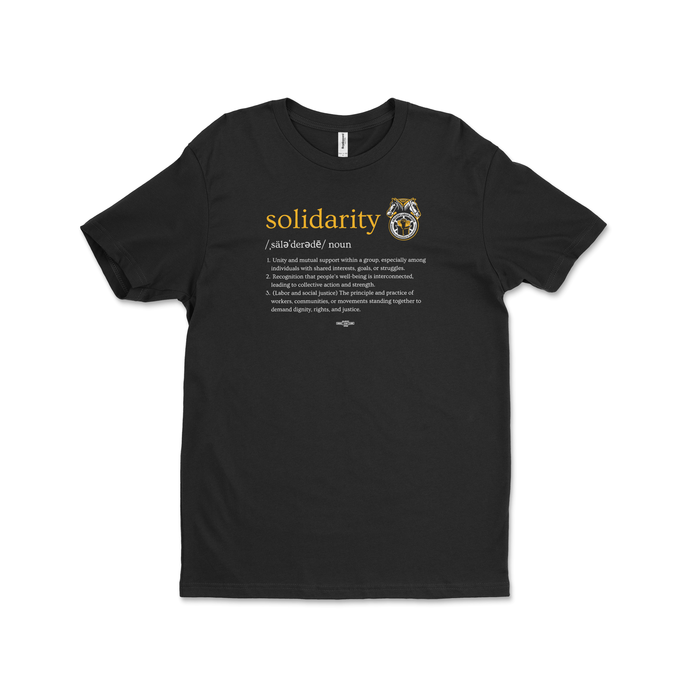 Black t-shirt with 'solidarity' definition and logo on a white background