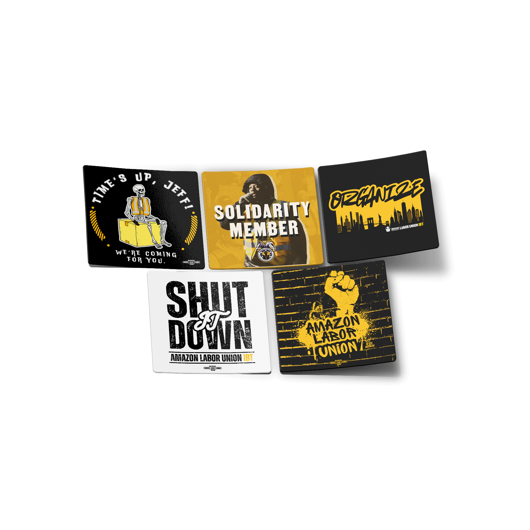 Set of five protest-themed stickers with various graphics and text on a white background