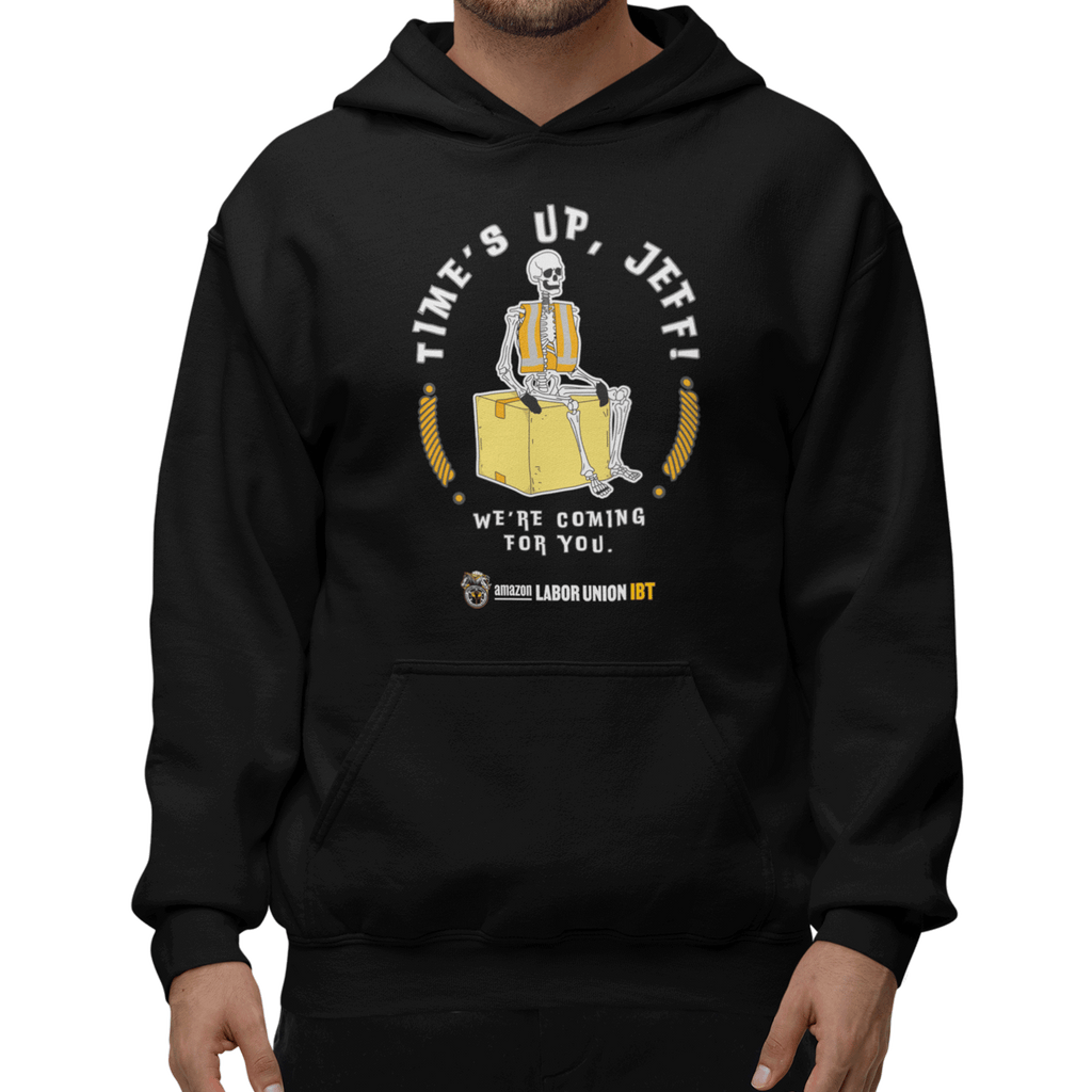 Black hoodie with skeleton graphic and text on a white background