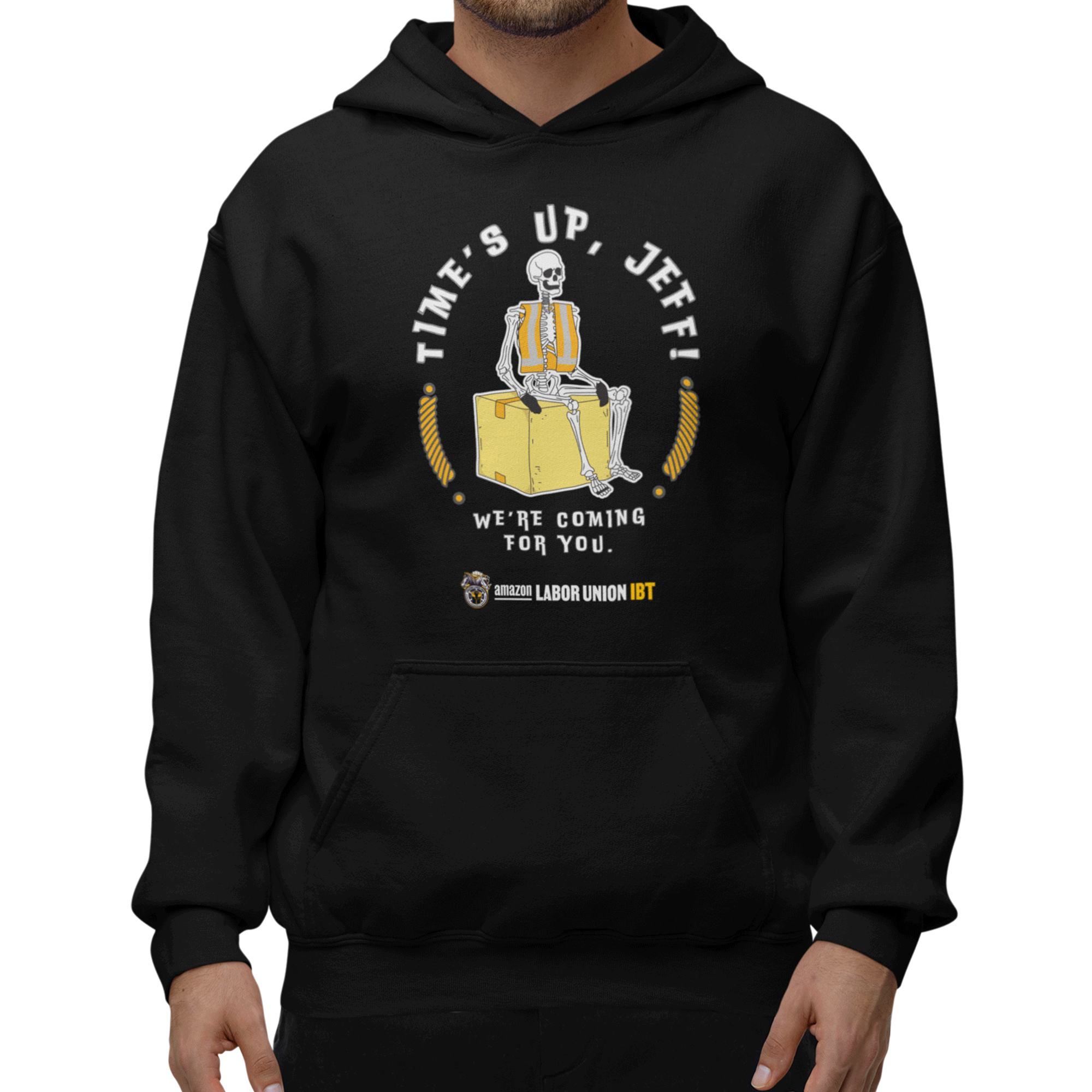 Black hoodie with skeleton graphic and text on a white background