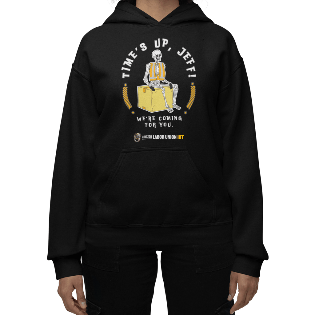 Black hoodie with a graphic design and text on a white background
