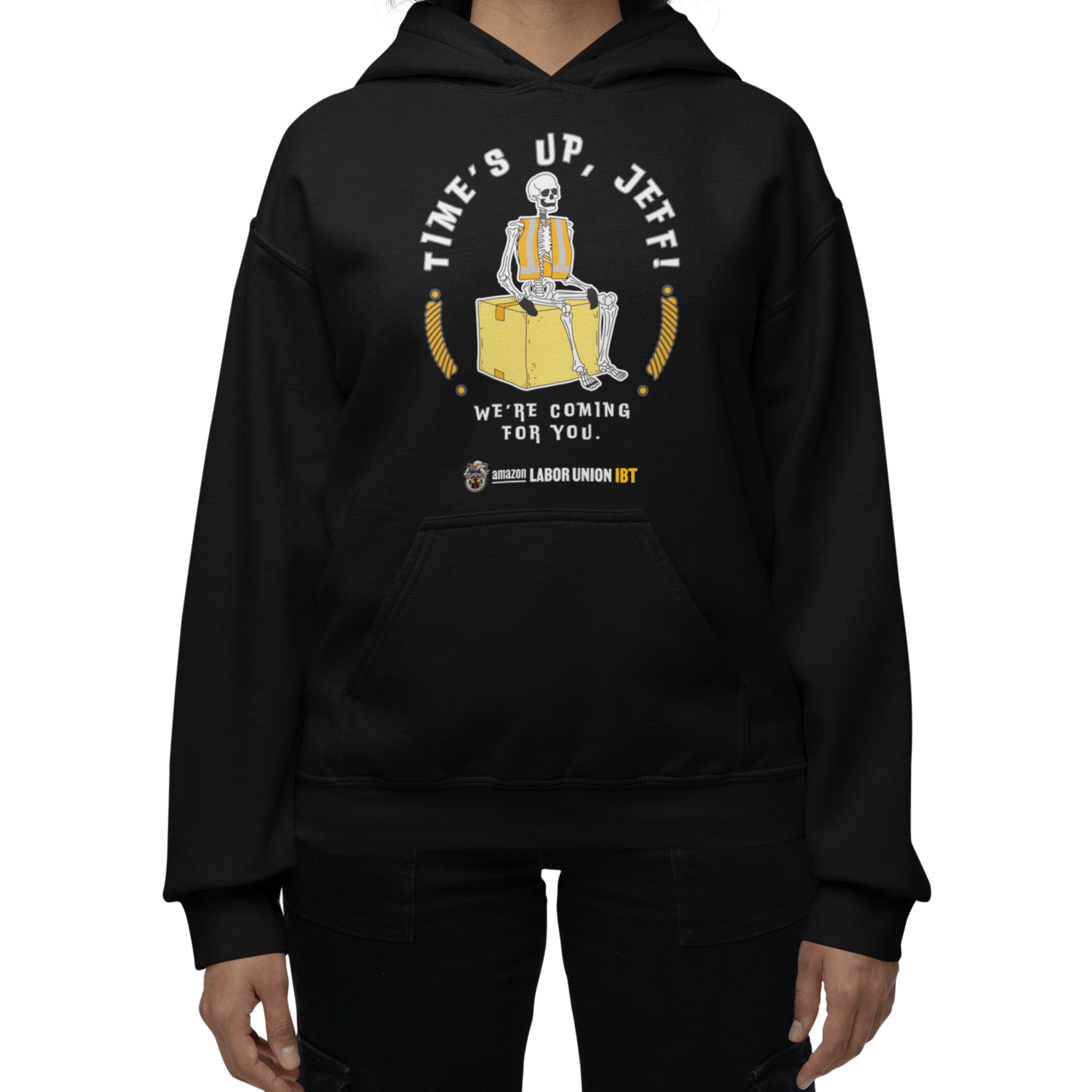 Black hoodie with a graphic design and text on a white background