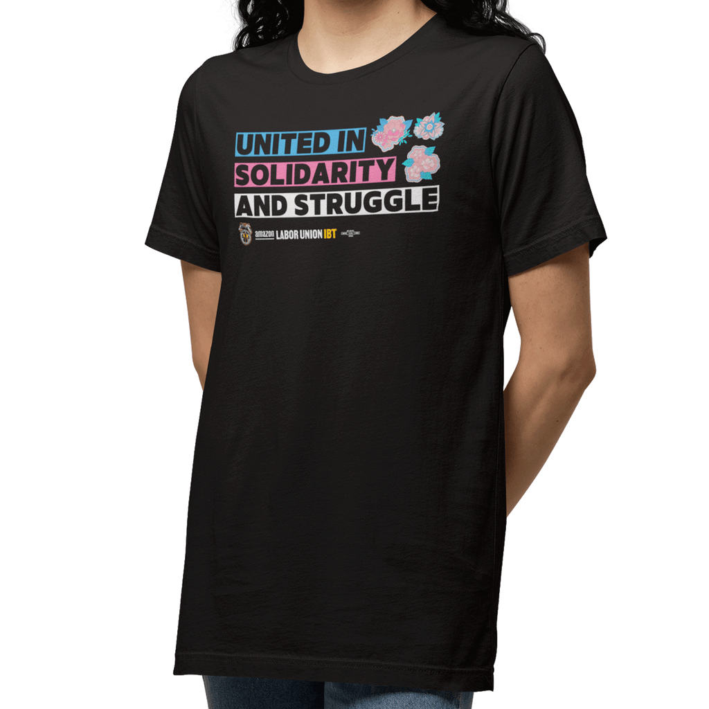 Black t-shirt with text 'UNITED IN SOLIDARITY AND STRUGGLE' on a white background