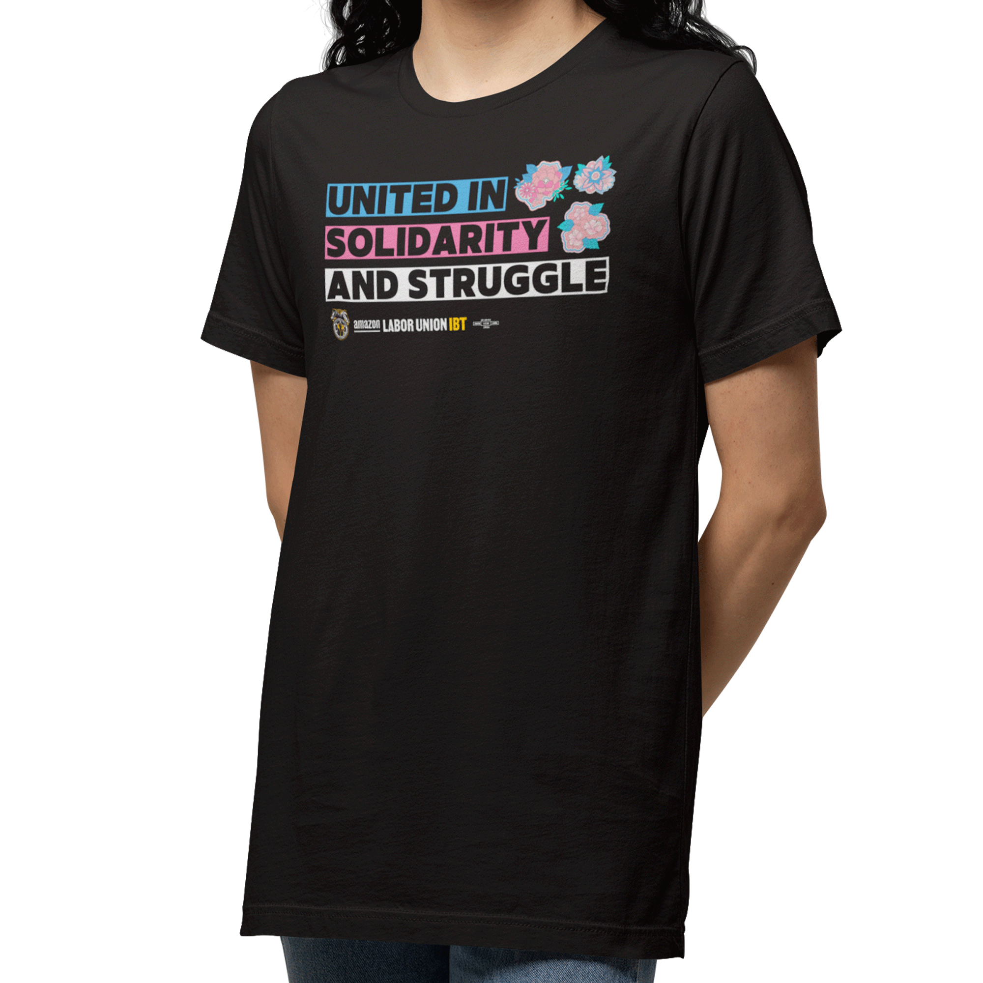 Black t-shirt with text 'UNITED IN SOLIDARITY AND STRUGGLE' on a white background