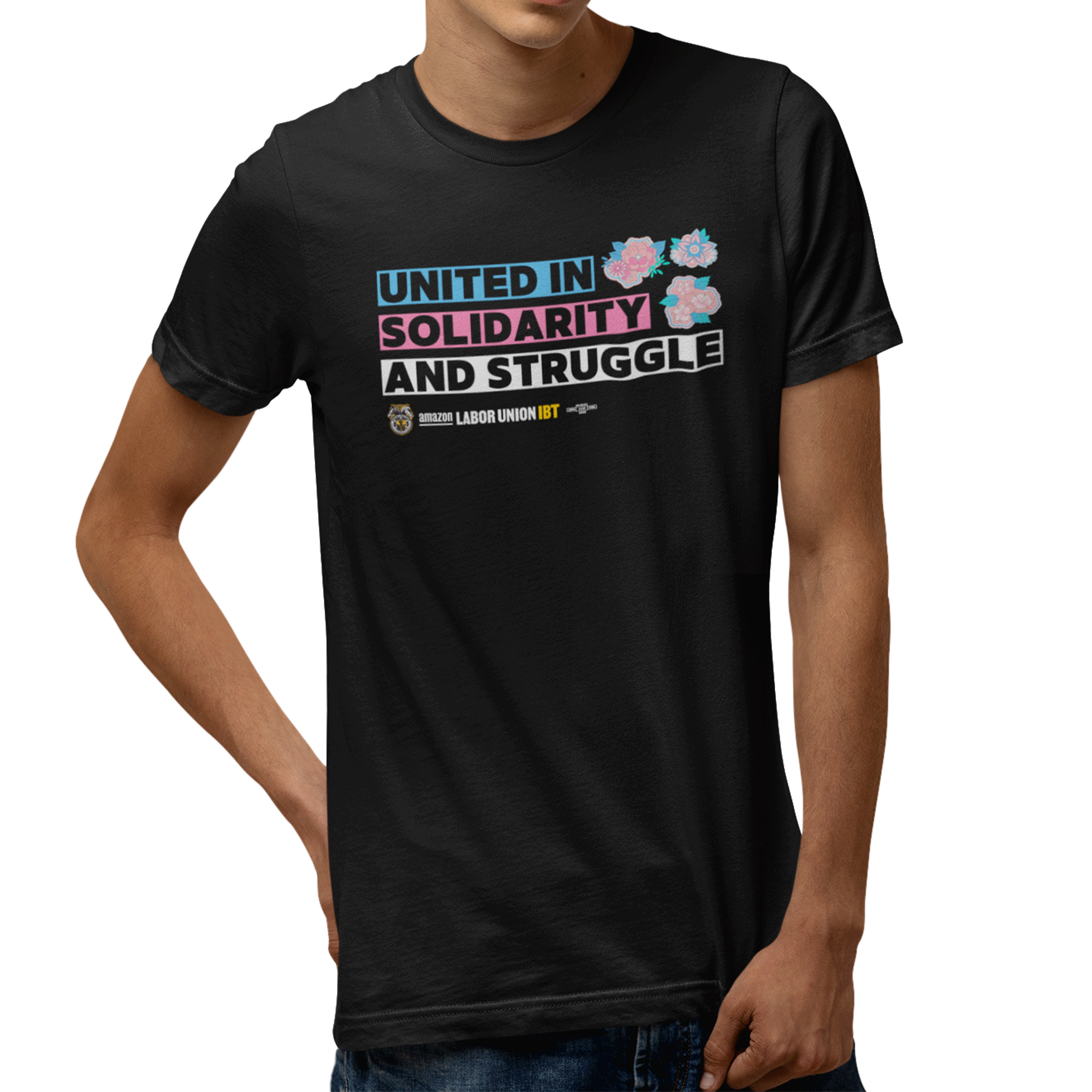 Black t-shirt with colorful text and graphics on a white background