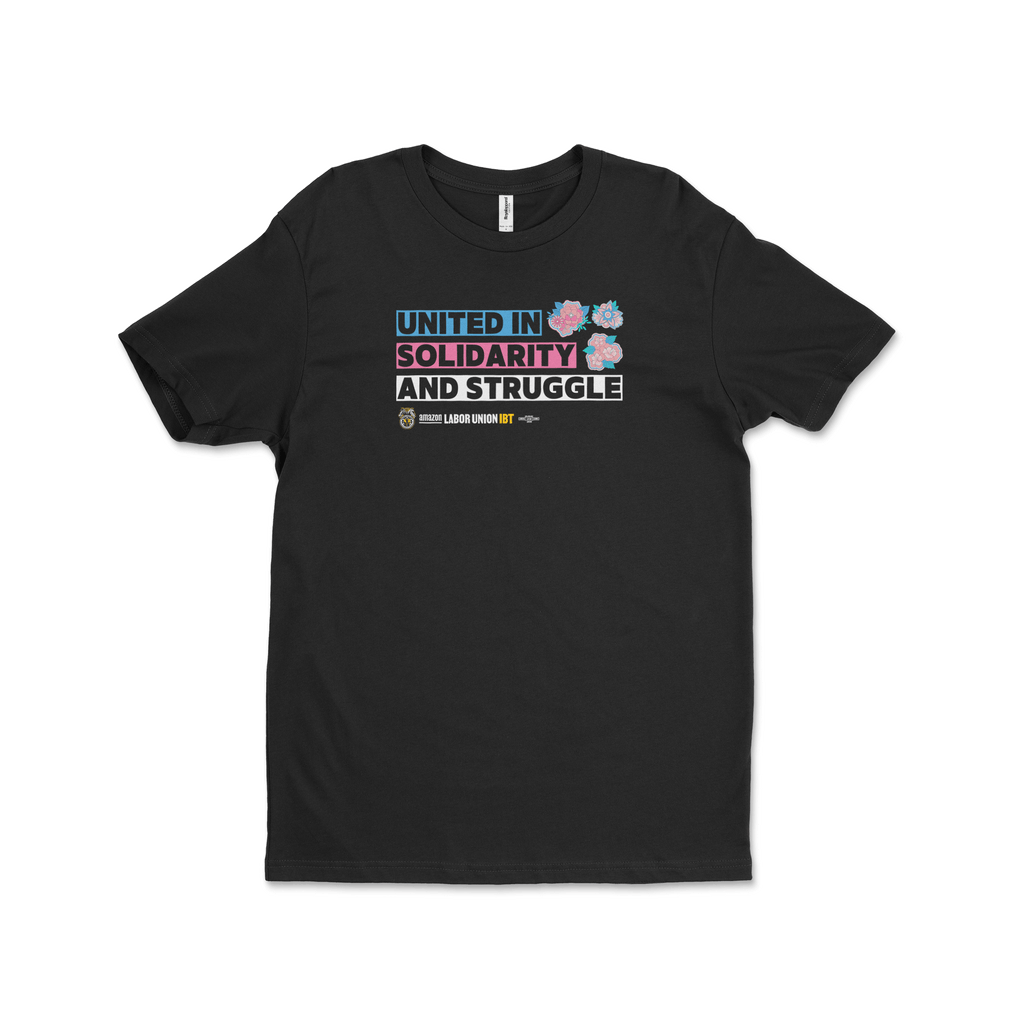 Black t-shirt with text and graphics on a white background