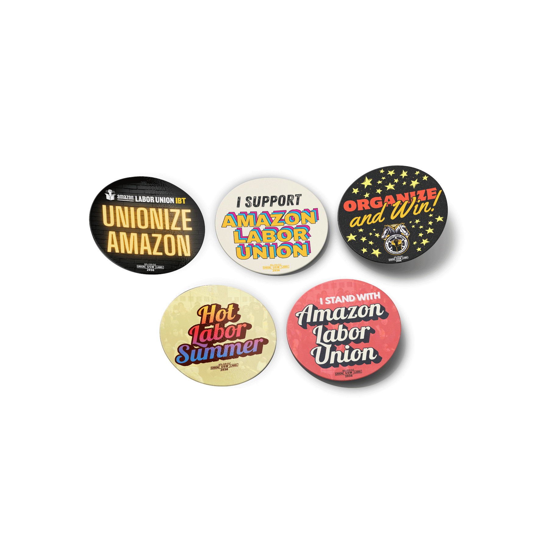 Five stickers with various pro-union messages on a white background